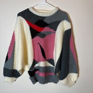 Vintage 80s Eddie Dassin Abstract Graphic Knit Sweater Size‎ Large Deadstock